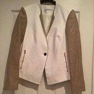 Calvin Klein Jacket Colour Block, White and Tan, Goldtone Hardware, Size 6
